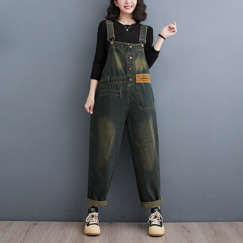 Color-Block Loose Denim Patchwork Pocket Jumpsuit Fall