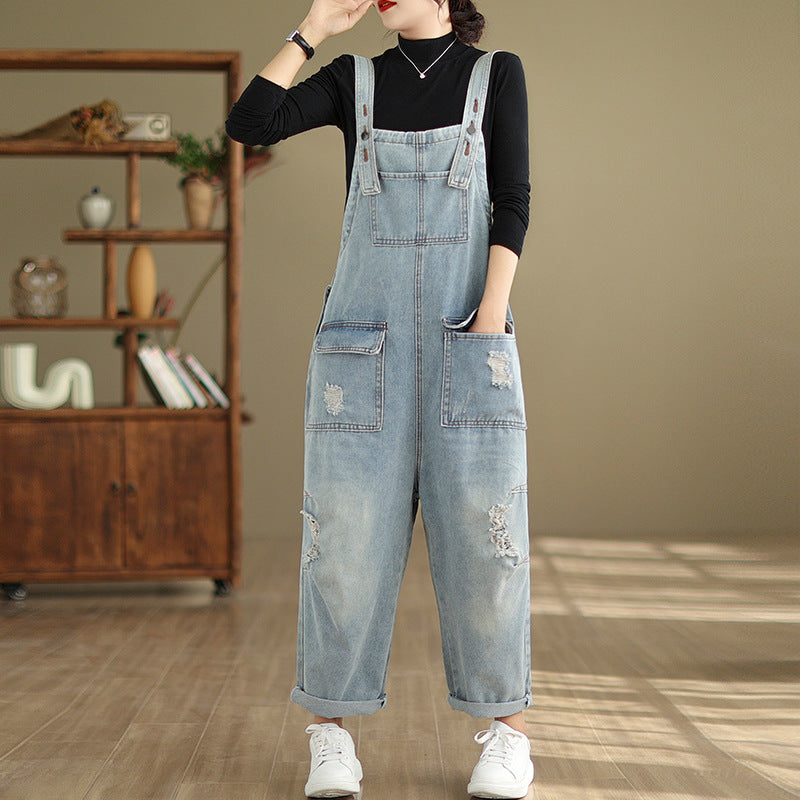 Art Retro Hole Pockets Light BLue Jumpsuit Fall