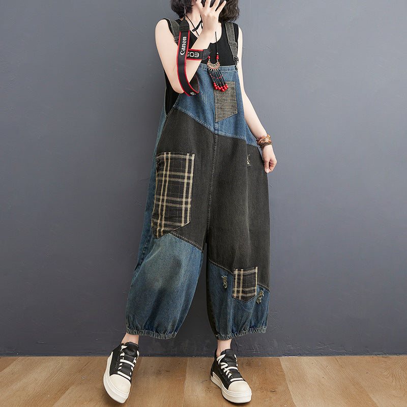 Fashionable Loose Denim Patchwork Jumpsuit