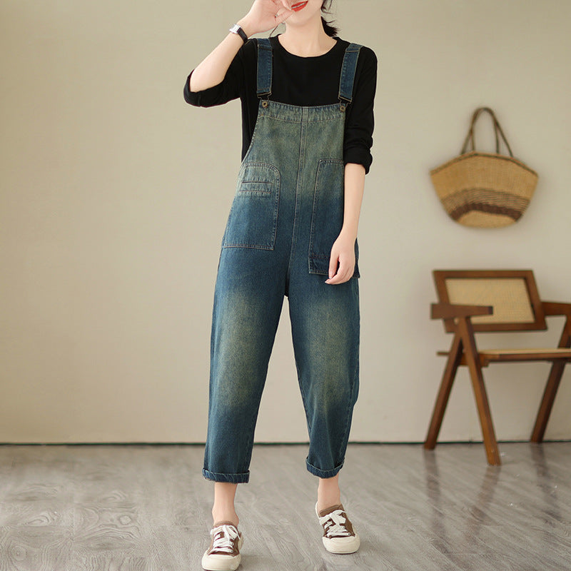 Loose Blue Gradient Color Denim Jumpsuit Fall