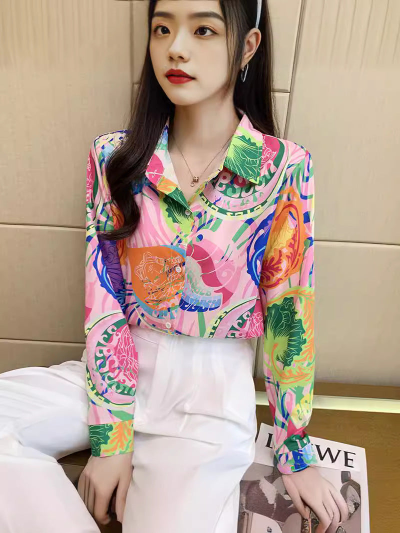 Fashionable casual Loose Button printed Long-Sleeved Shirt