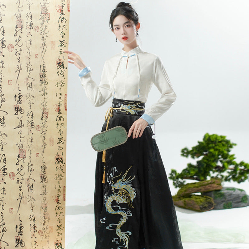 Elegant Black Chinese Lace Up Loose Hight Waist Embroidery Skirts