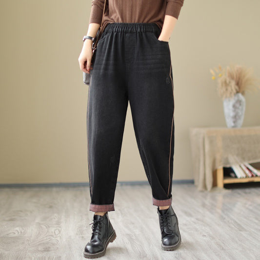 Trend Black Pockets Harem Denim Cropped Pants Fall