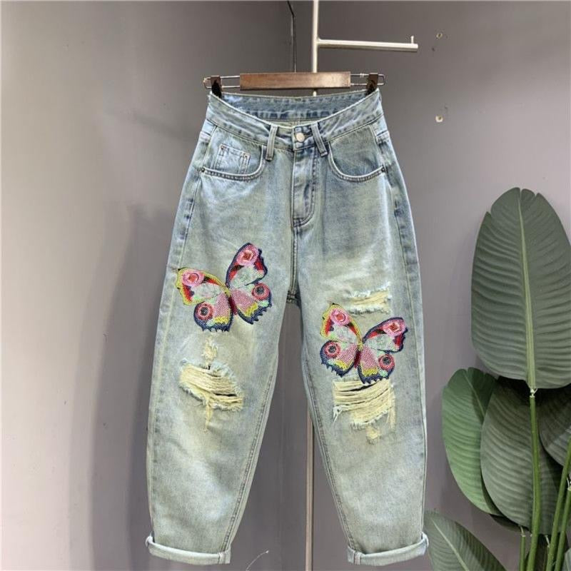 Butterfly Embroidery Ripped  Decor Denim Jeans