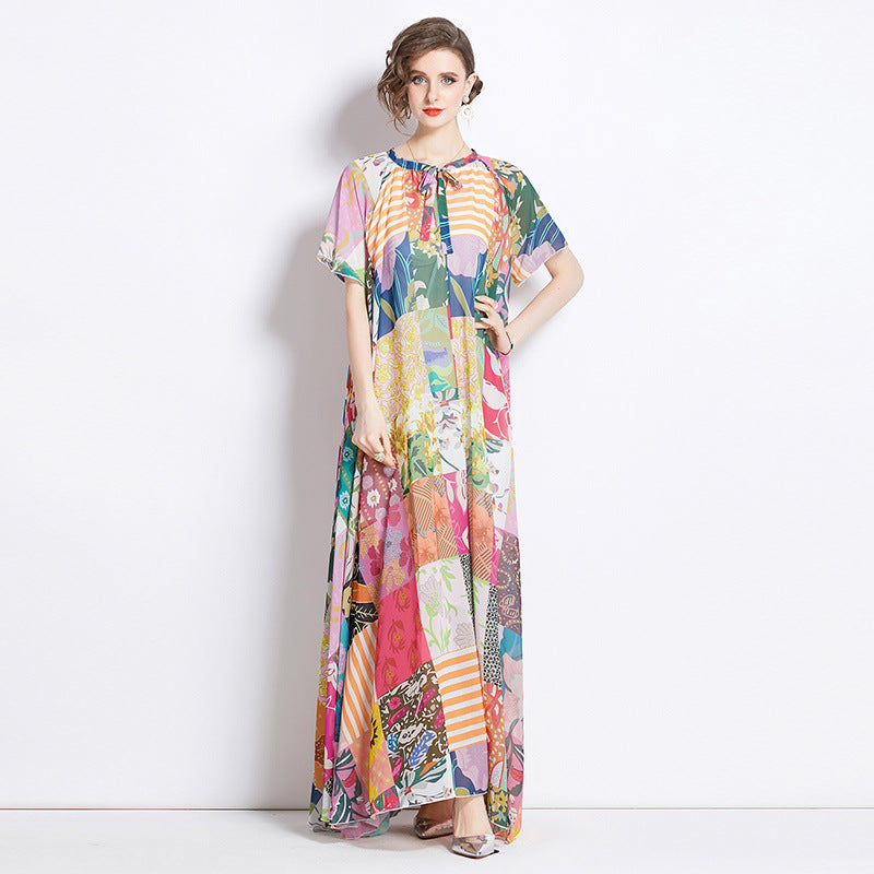 Retro Loose Patchwork Print Chiffon Dress