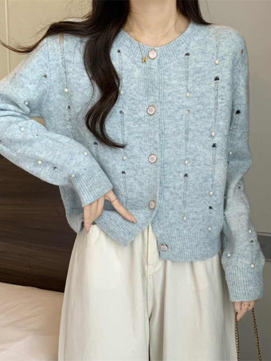 Brief Blue Nail Bead Cotton Knit Cardigans Winter