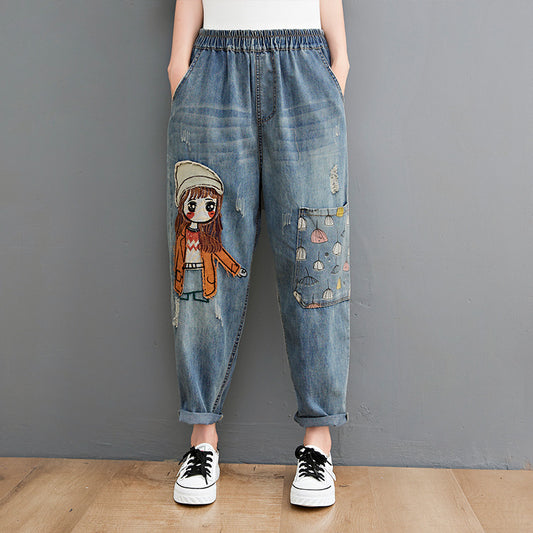 Loose Denim Blue Pockets Patchwork Harem Pants