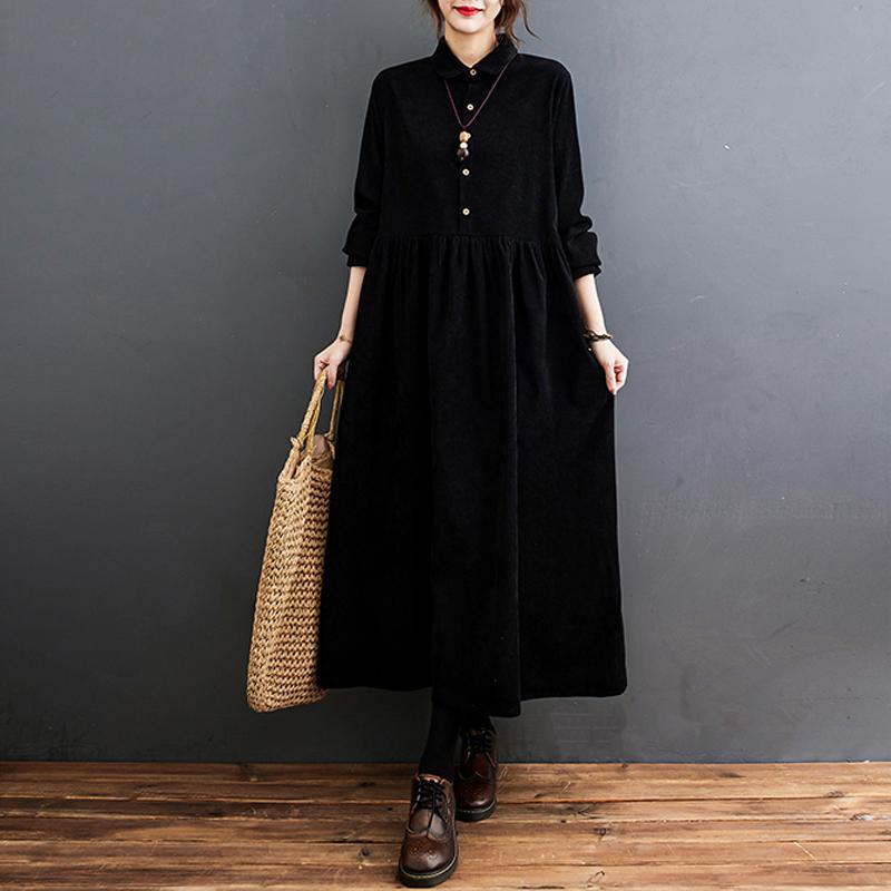 Navy Button Corduroy Maxi Dresses Fall