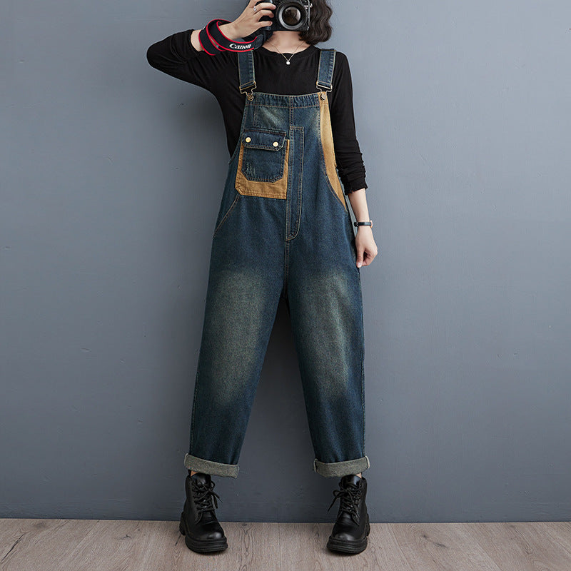 Women Fashionable Loose Denim Patchwork Pocket Jumpsuit