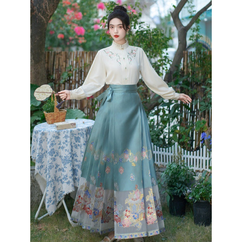 Blue Retro Chinese Lace Up Loose Embroidery Skirts Spring