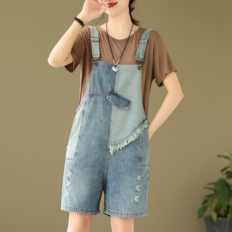 Art Loose Patchwork Distressed Denim Jumpsuit Summer