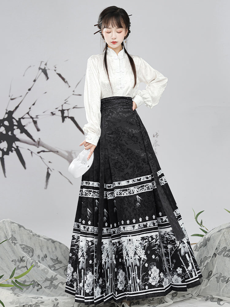 Black Retro Chinese Style Flower Print Skirts Sprin