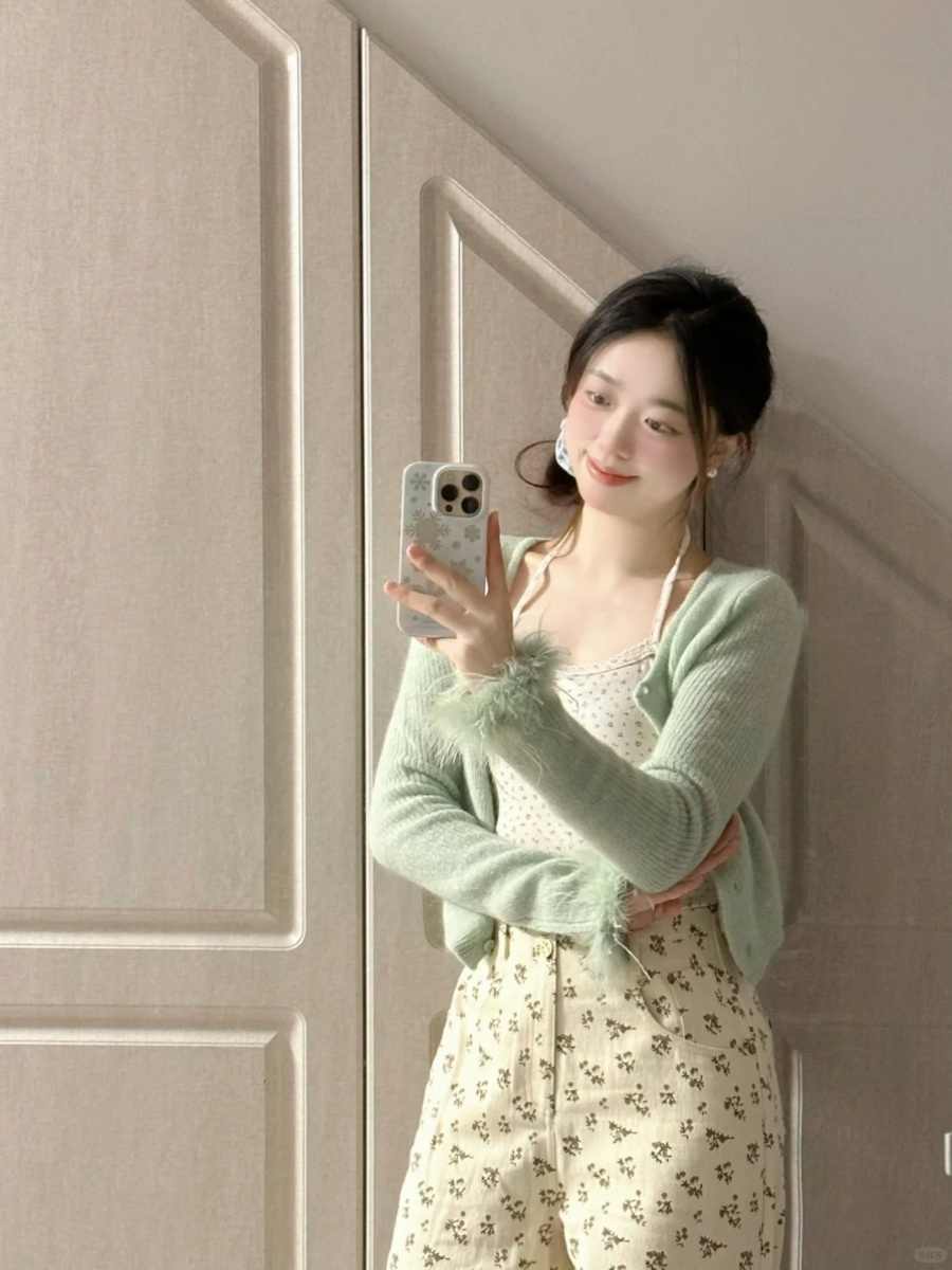 Style Light Green O-Neck Button Cotton Knit Cardigan Fall