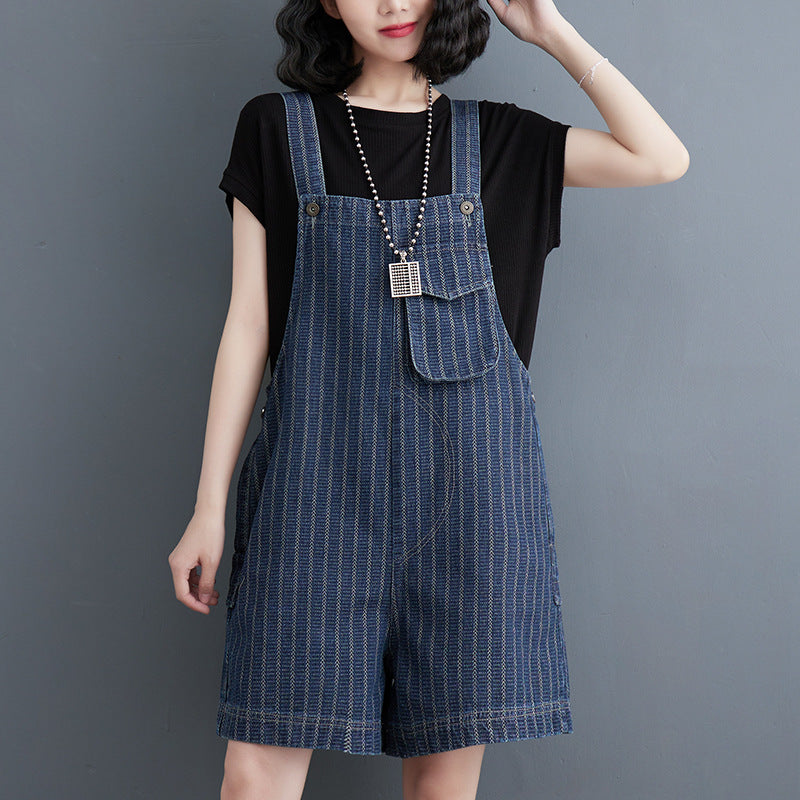 Art Loose Light Blue Pockets Patchwork Wide Leg Denim Jumpsuit Spring