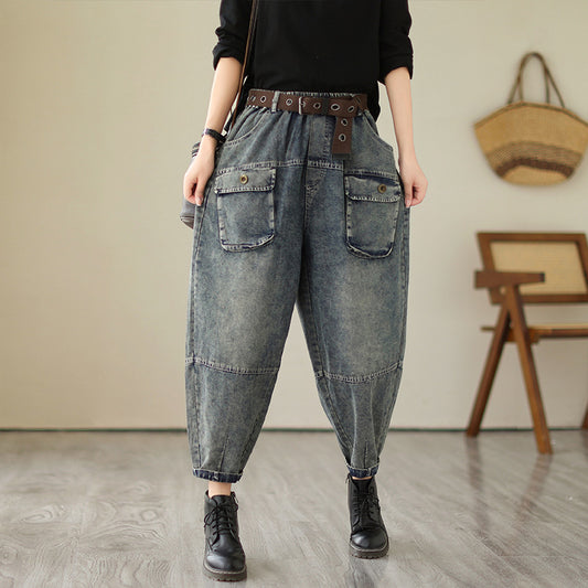 Classic Light Blue Loose Pockets Harem Denim Pants Summer