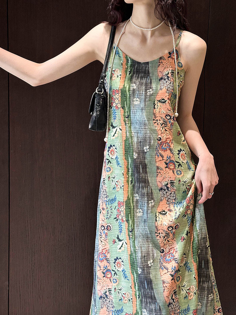 Fashion Retro Green Print Line Dresses Spring