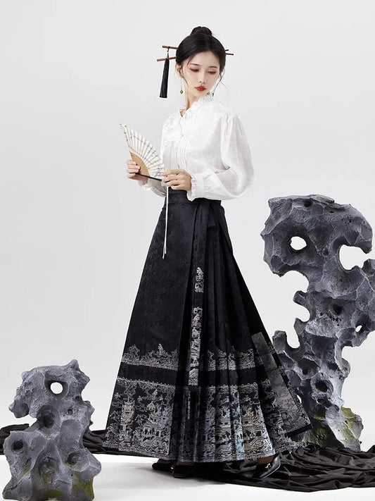 Retro Chinese Style Black Printing Skirts Spring