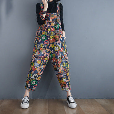 Trend Printed Pockets Denim Jumpsuits Fall