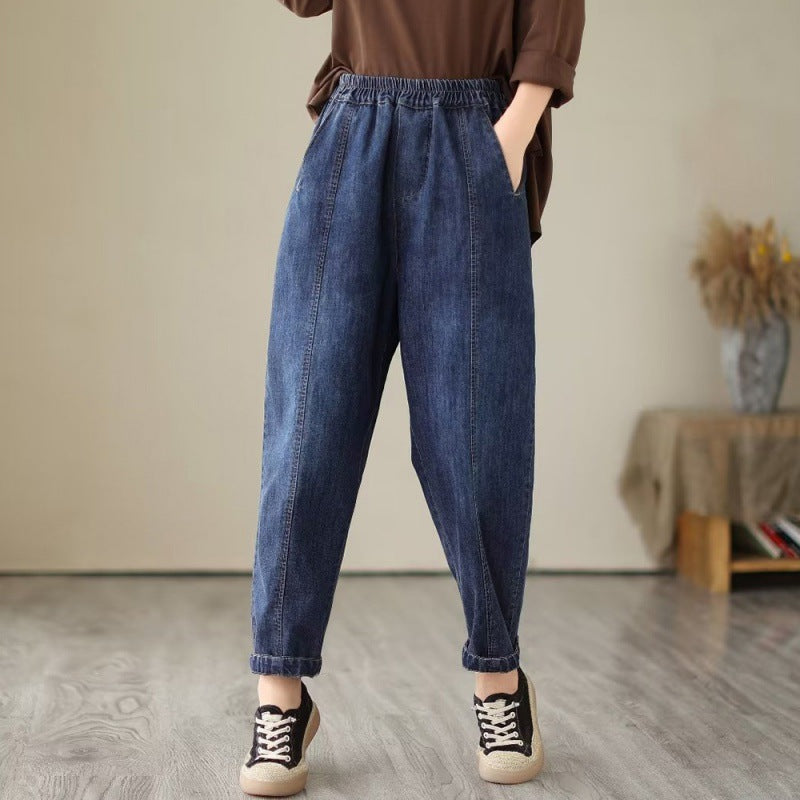 Retro Black Elastic High Waist Denim Cropped Pants Fall