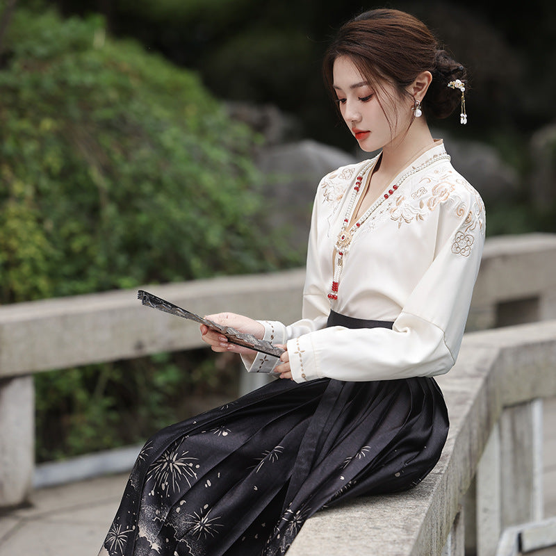 Elegant Black Chinese Lace Up Loose Embroidery Skirts Spring