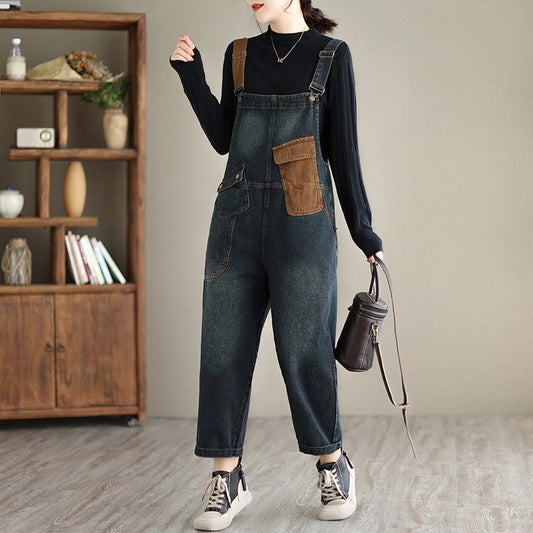 Fashionable Loose Navy Blue Denim Patchwork Pocket Jumpsuit Fall