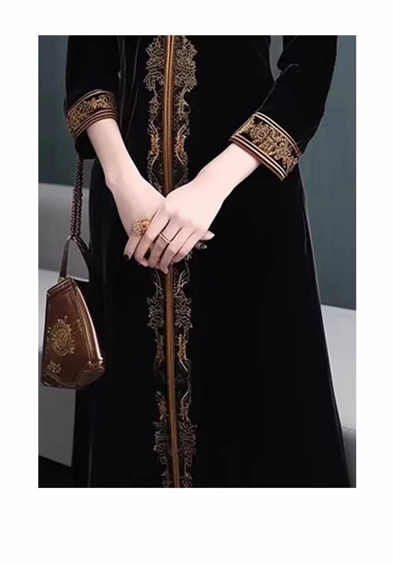 Velvet Stand Collar Geo Pattern Long Sleeve Length Dresses