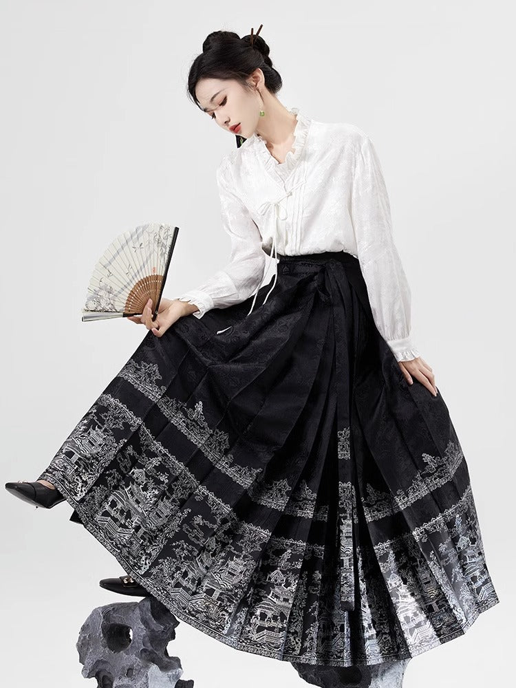 Retro Chinese Style Black Printing Skirts Spring