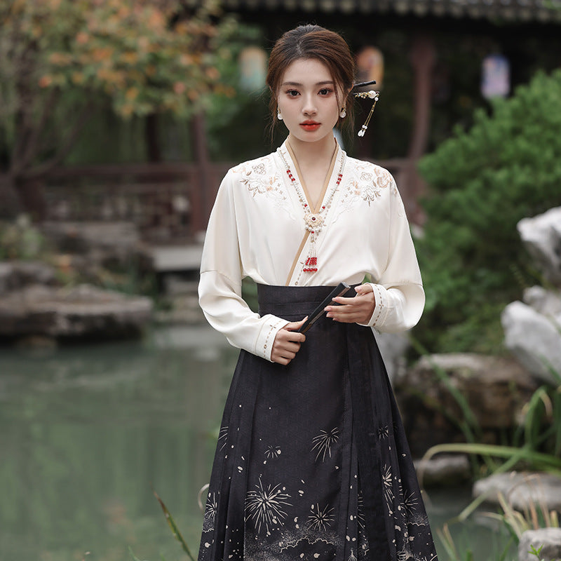 Elegant Black Chinese Lace Up Loose Embroidery Skirts Spring