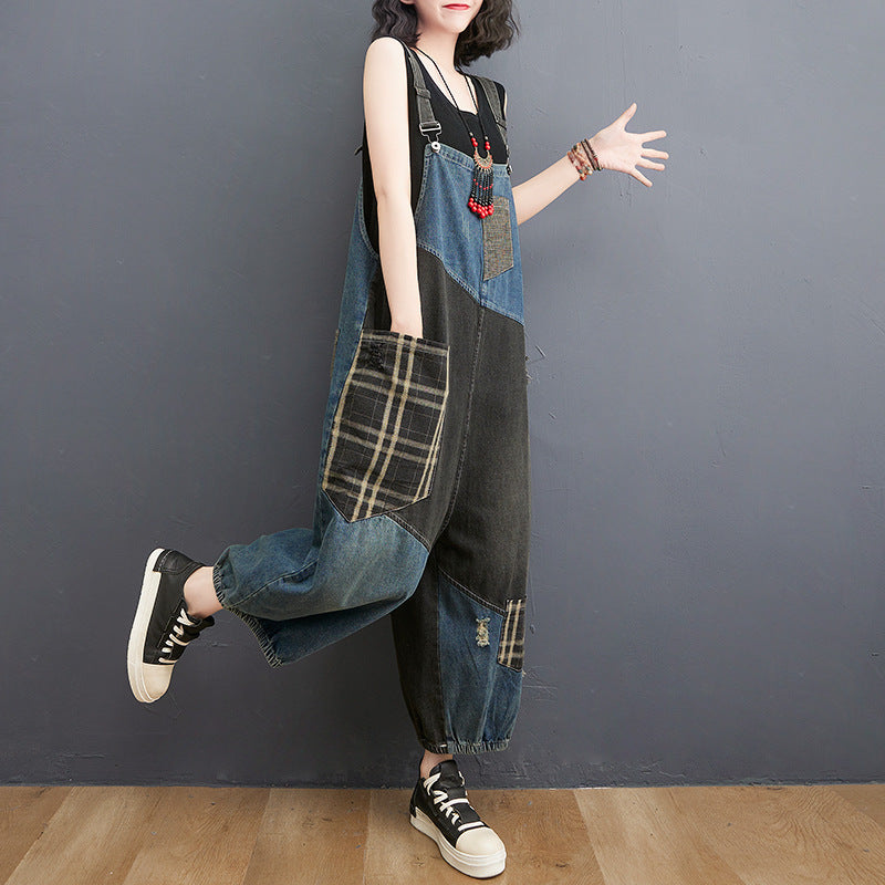 Fashionable Loose Denim Patchwork Jumpsuit