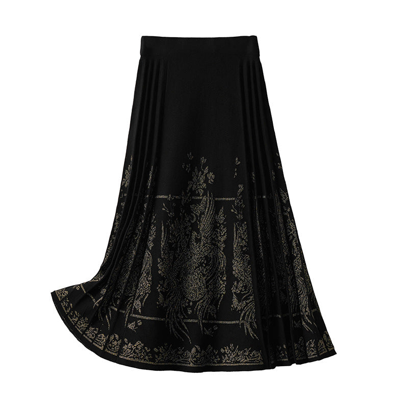 Fashion Black Chinese Loose Elastic Waist Embroidery Skirts