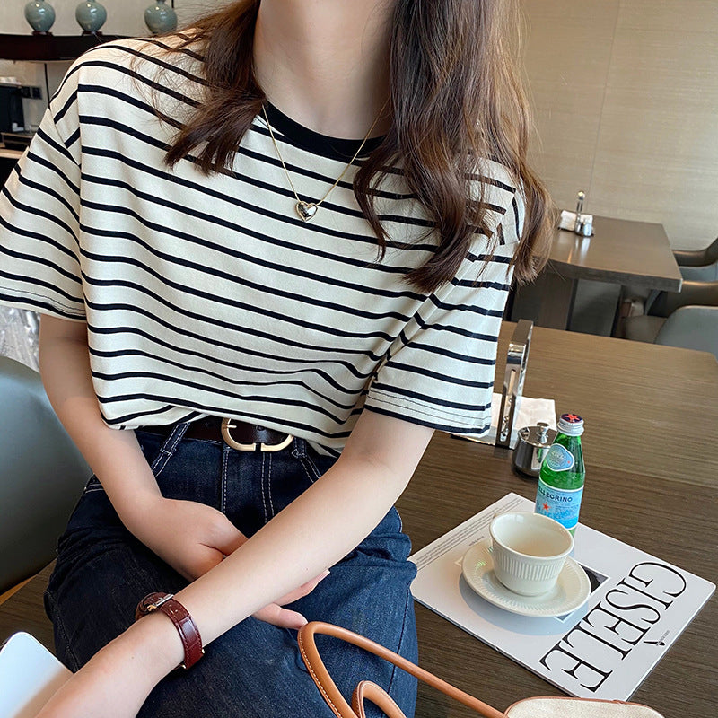 Women Red Striped Cotton T Shirt Summer