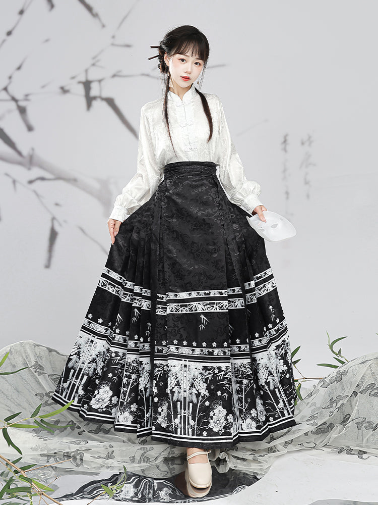 Black Retro Chinese Style Flower Print Skirts Sprin