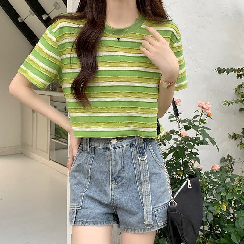 Retro Women Pink Striped Cotton T Shirt Summer