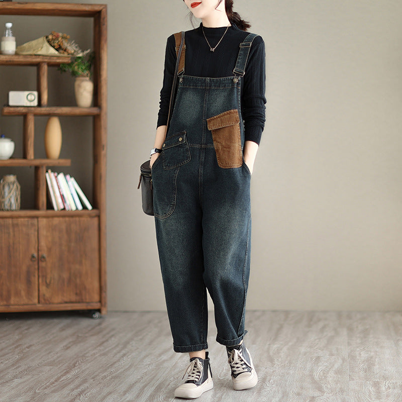 Fashionable Loose Navy Blue Denim Patchwork Pocket Jumpsuit Fall