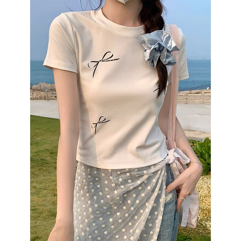 Women White O Neck Print Top Summer