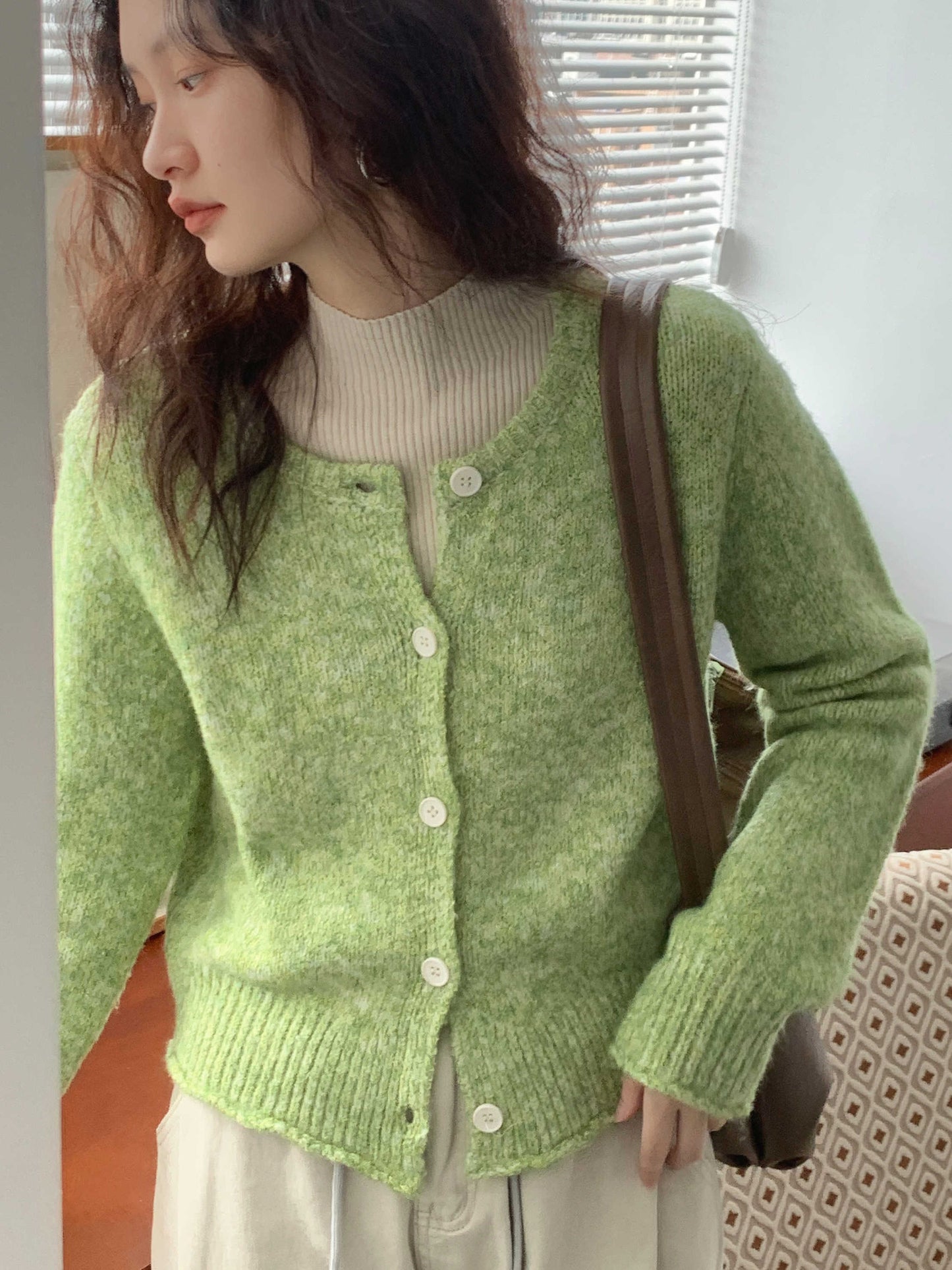 2024 Fitted Green O-Neck Button Cozy Cotton Knit Cardigan Winter