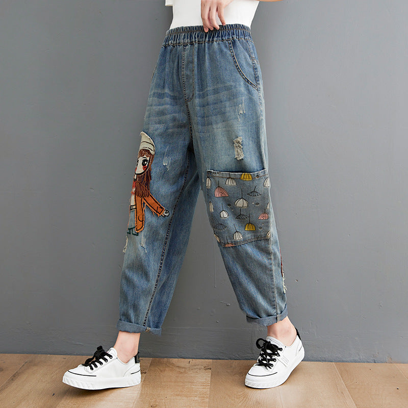 Loose Denim Blue Pockets Patchwork Harem Pants