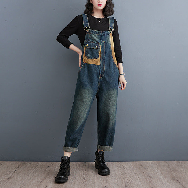 Women Fashionable Loose Denim Patchwork Pocket Jumpsuit