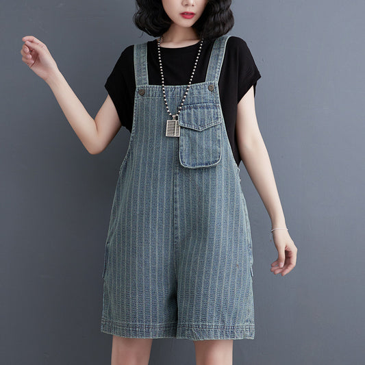 Art Loose Light Blue Pockets Patchwork Wide Leg Denim Jumpsuit Spring