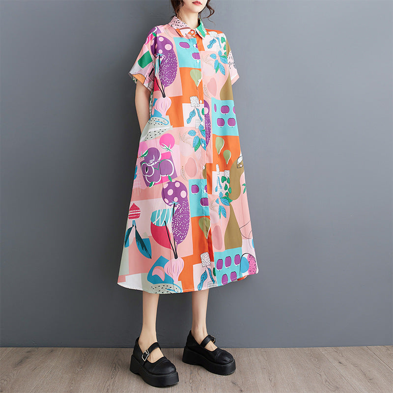 Loose Printed Splicing Casual Dress Short Sleeves