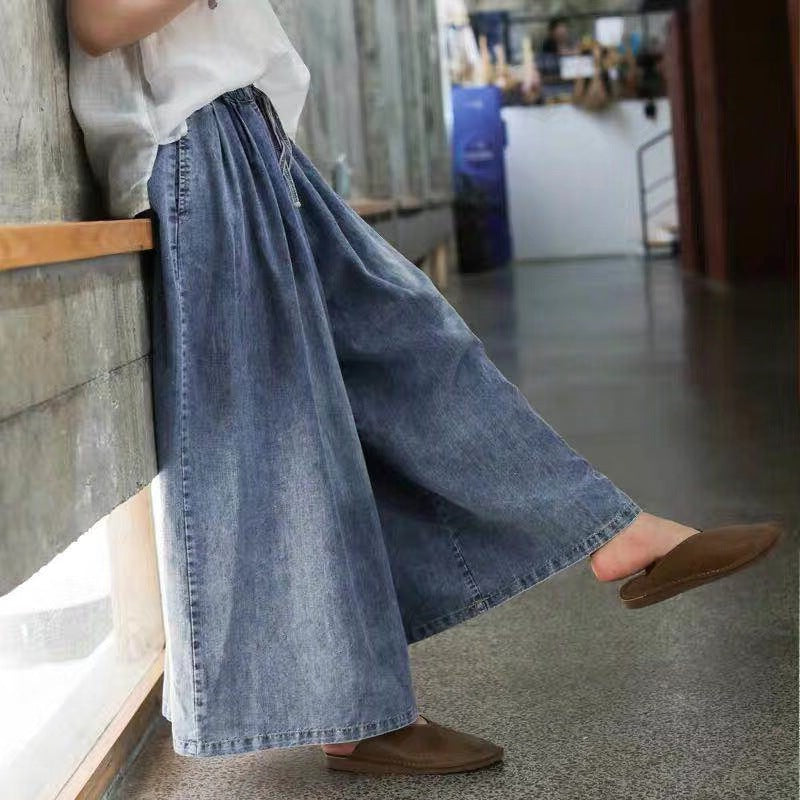 Loose Light Blue Pockets Elastic Waist Denim Wide Leg Pants Fall