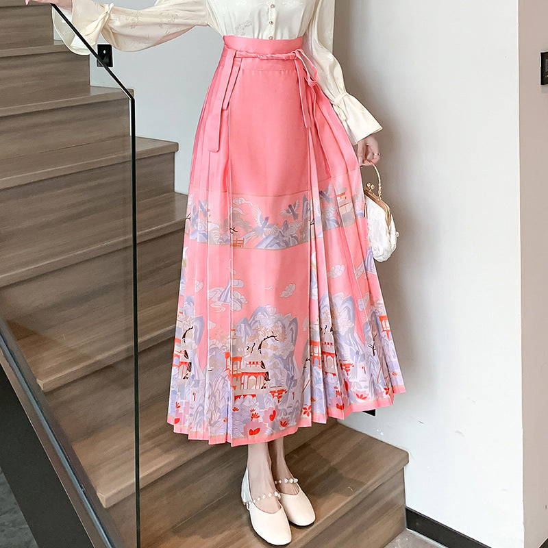 Pink Elegant Cotton Chinese Lace Up Loose Pirnt Skirts