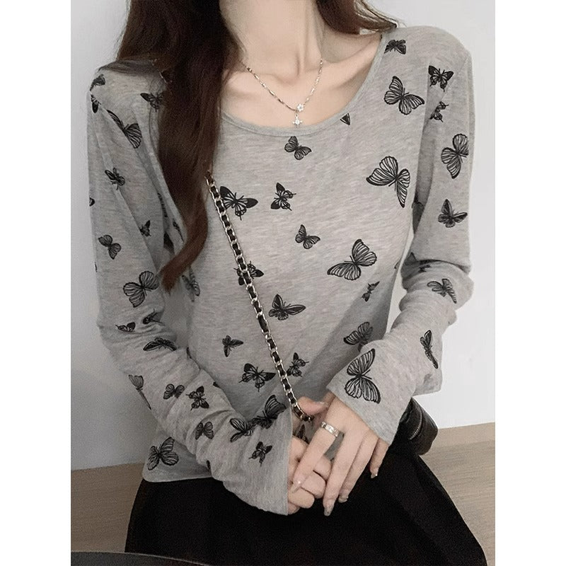 Unique Grey Print Butterfly Tops Short Sleeve Summer