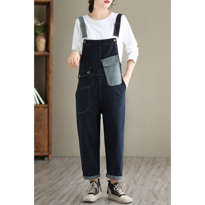 Navy Blue Pocket Colorblock Denim Jumpsuit Winter