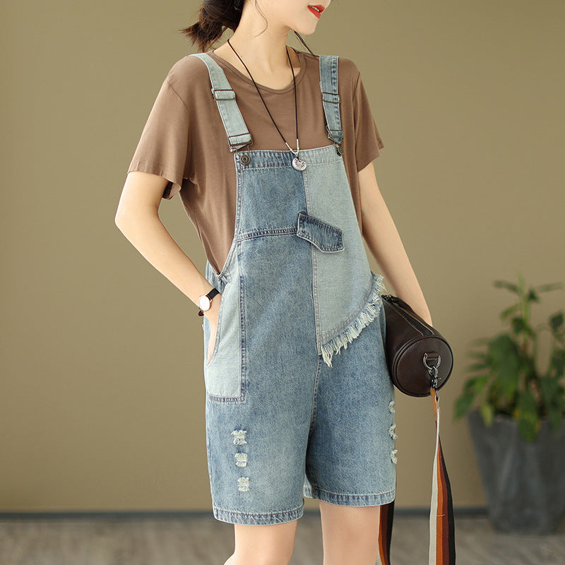 Art Loose Patchwork Distressed Denim Jumpsuit Summer