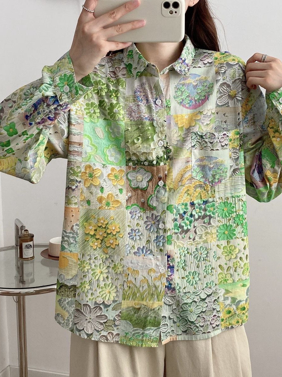 Fashion Green Print Flowers Cotton Short Sleeve Shirt