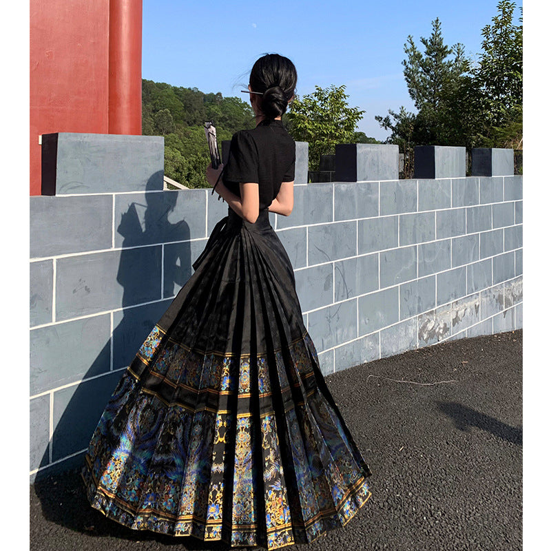 Elegant Black Chinese Lace Up Loose Hight Waist Skirts