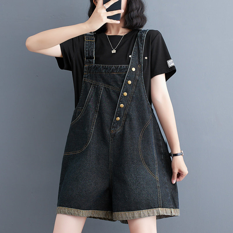 Loose Black Pocket Patchwork Plus Size Denim Shorts Jumpsuit Summer