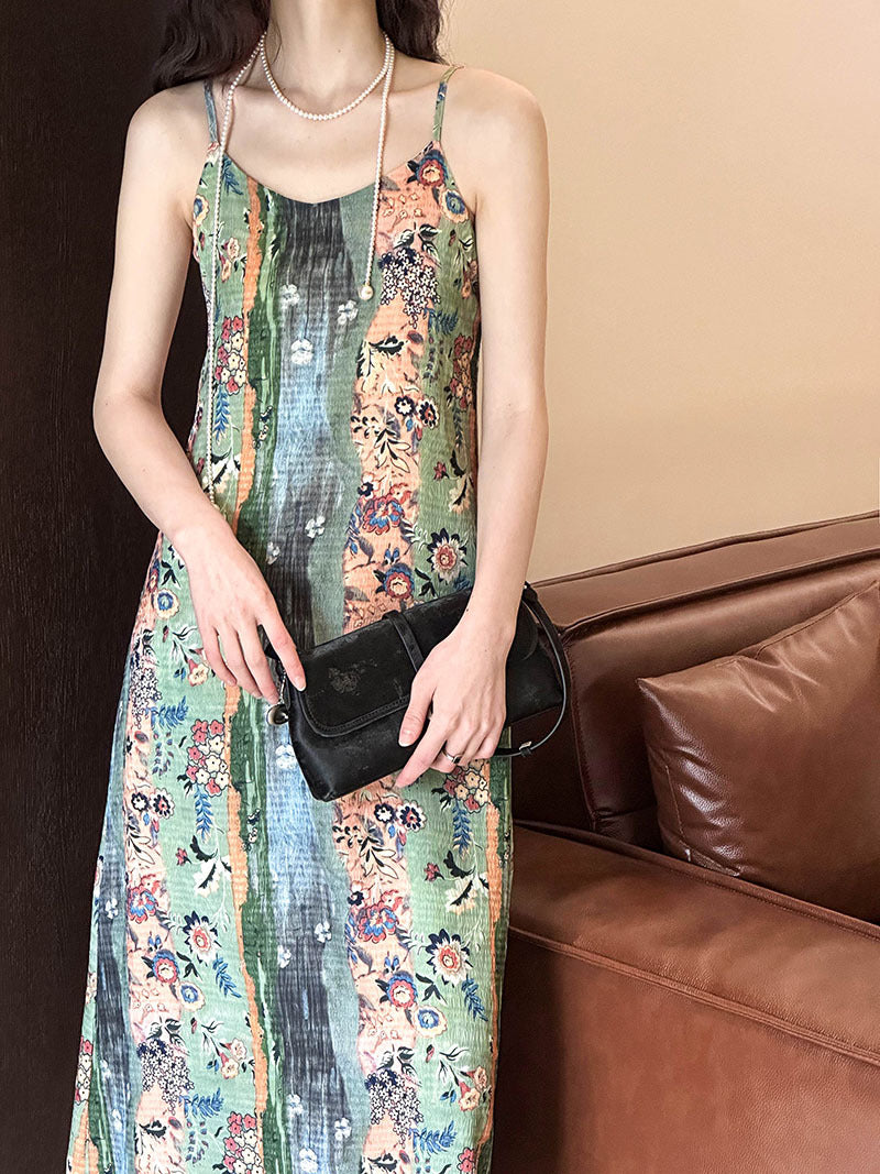 Fashion Retro Green Print Line Dresses Spring