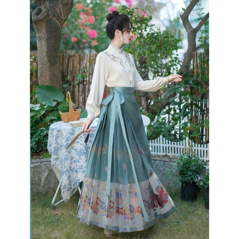 Blue Retro Chinese Lace Up Loose Embroidery Skirts Spring